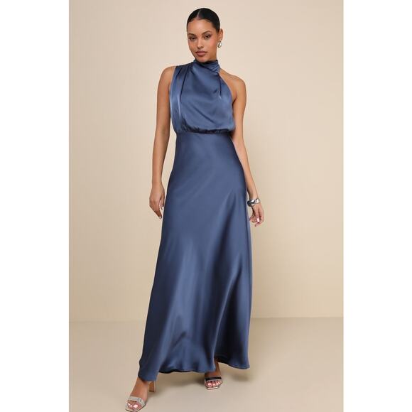 NWT Lulus Distinctive Charm Slate Blue Satin Asymmetrical Maxi Dress Wedding 1X - Picture 1 of 8